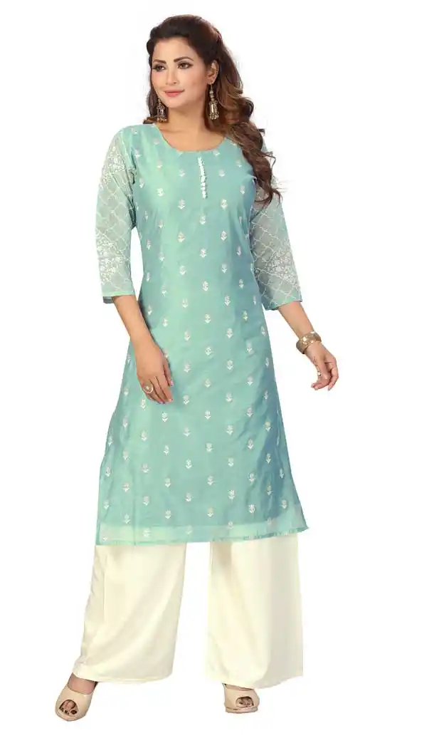 Firozi Color Chanderi Embroidered Readymade Designer Salwar Kameez -573122444