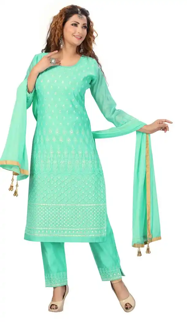 Fancy Firozi Color Chanderi Embroidered Readymade Designer Salwar Kameez -573122453