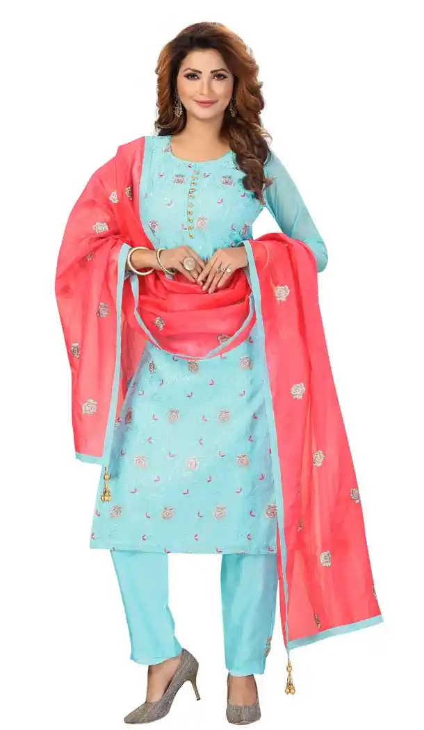 Sky Blue Color Chanderi Embroidered Readymade Designer Salwar Kameez -573122464