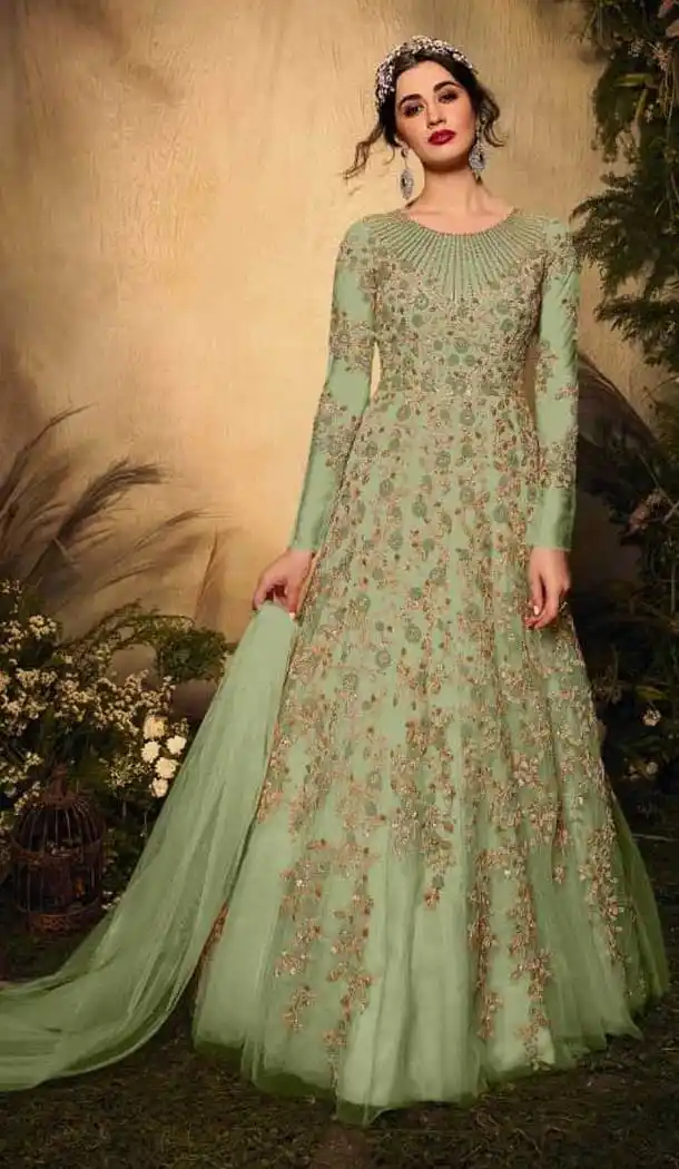 Parrot Green Color Soft Net Bridal Designer Party Wear Gown Suit -575122480