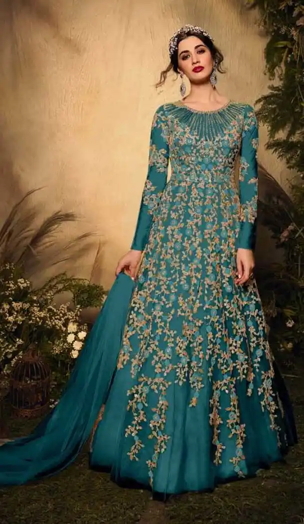 Aqua Blue Color Soft Net Bridal Designer Party Wear Gown Suit -575122482
