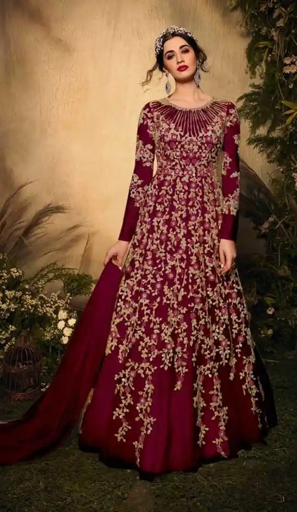 Dazzling Diva Red Color Soft Net Bridal Designer Party Wear Gown Suit -575122483