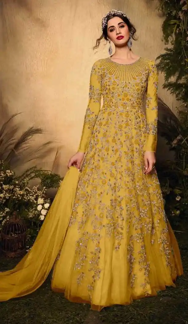 Yellow Red Color Soft Net Bridal Designer Party Wear Gown Suit -575122484
