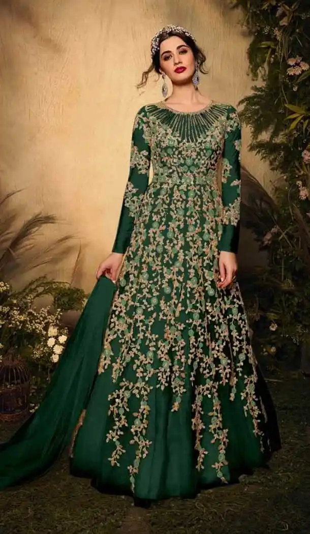 Vivacious Green Color Soft Net Bridal Designer Party Wear Gown Suit -575122485