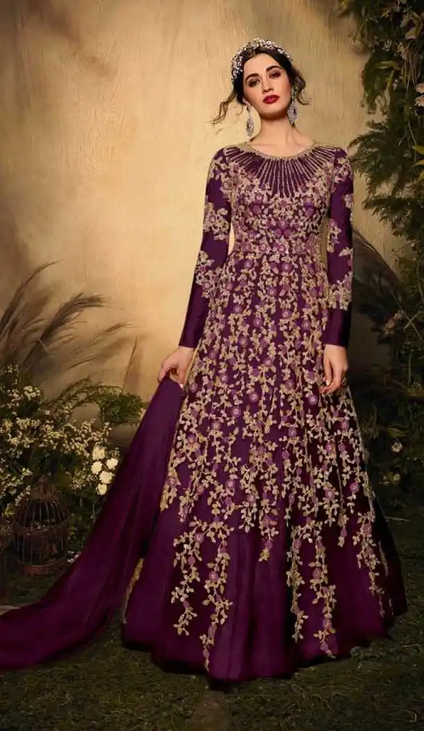 Purple Color Soft Net Bridal Designer Party Wear Gown Suit -575122486