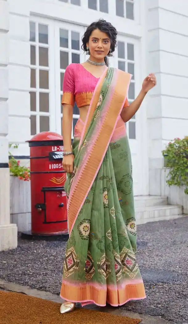 Sea Green Color Fancy Soft Linen Casual Office Wear Saree Blouse -576122489