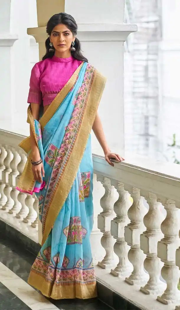 Sky Blue Color Fancy Soft Linen Casual Office Wear Saree Blouse -576122493