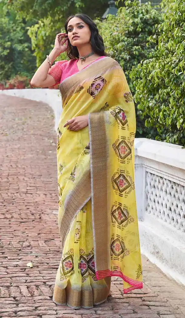 Yellow Color Fancy Soft Linen Casual Office Wear Saree Blouse -576122496