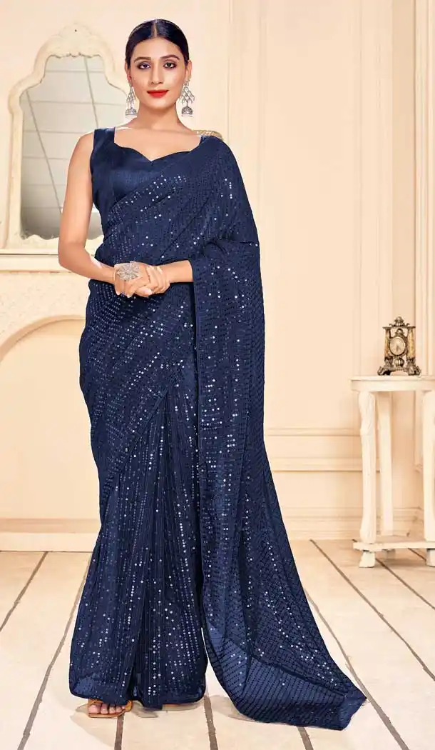Navy Blue Color Faux Georgette Embroidery Casual Party Wear Saree -89067688