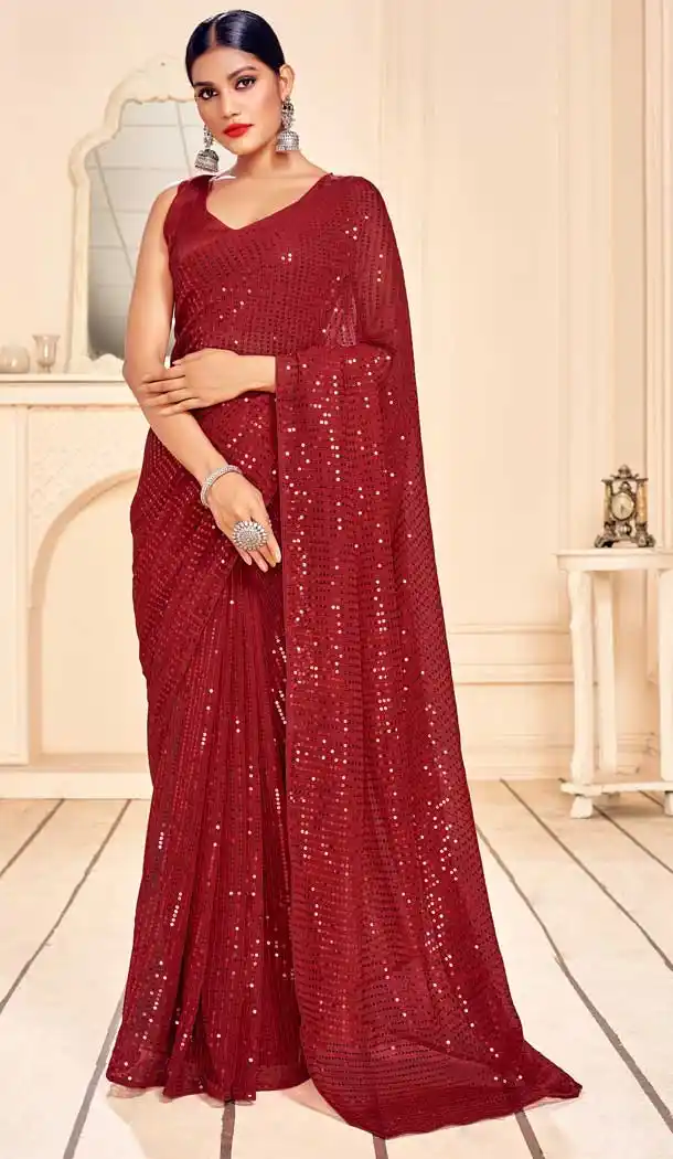 Red Color Faux Georgette Embroidery Casual Party Wear Saree -89067689