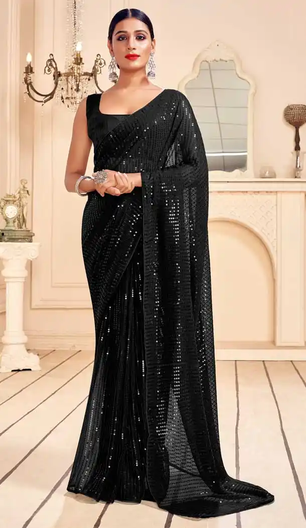 Black Color Faux Georgette Embroidery Casual Party Wear Saree -89067691