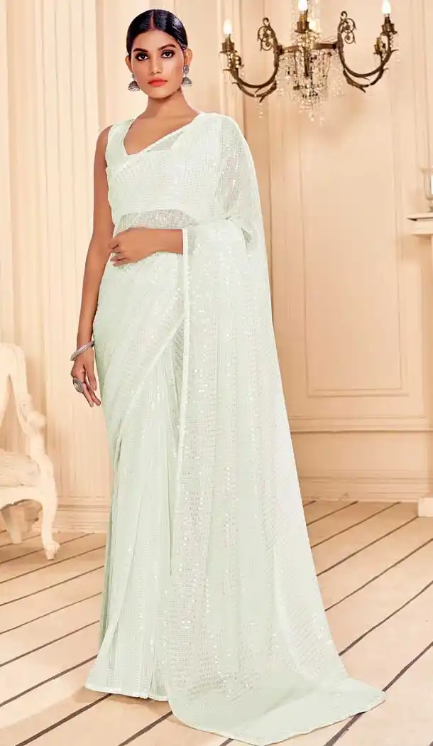 White Color Faux Georgette Embroidery Casual Party Wear Saree -89067692