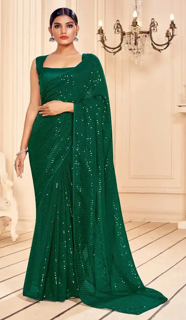 Green Color Faux Georgette Embroidery Casual Party Wear Saree -89067694