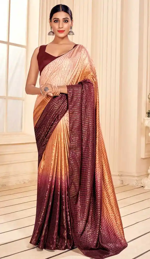 Rust Color Art Silk Embroidery Casual Party Wear Saree -89067695
