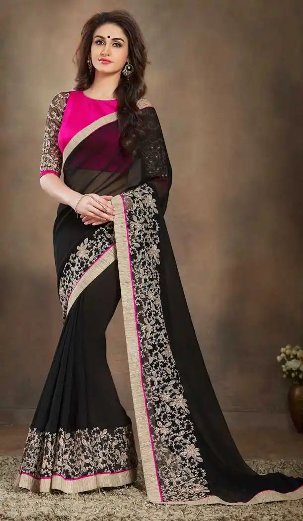 Black Color Georgette Designer Casual Party Wear Saree Blouse -604122674