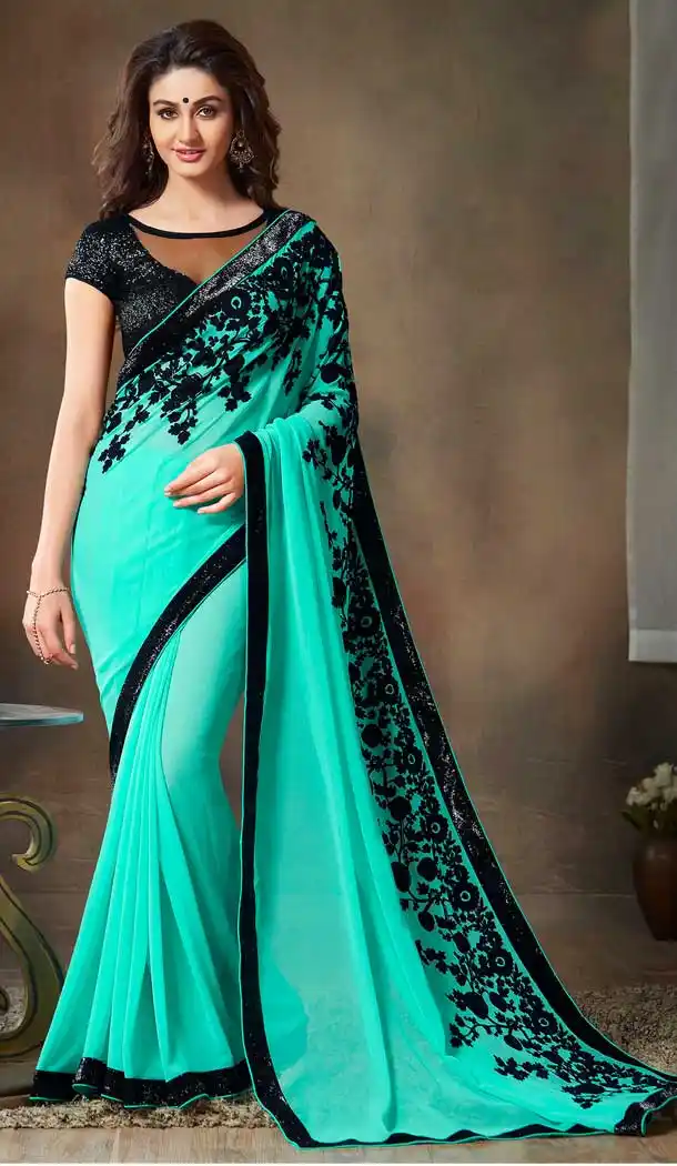 Aqua Color Georgette Designer Casual Party Wear Saree Blouse -604122675