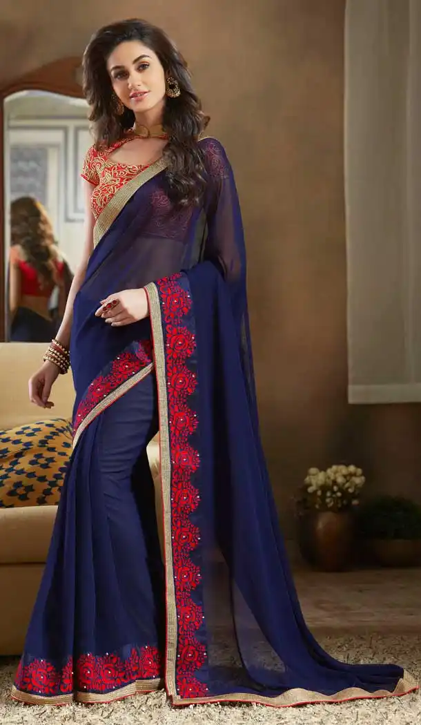 Navy Blue Color Georgette Designer Casual Party Wear Saree Blouse -604122677