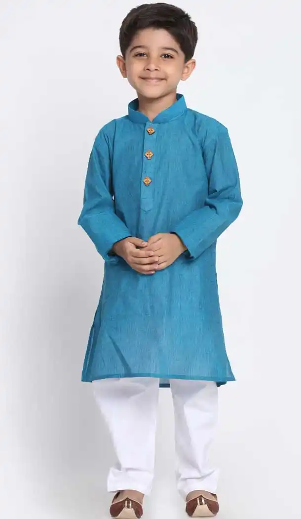 Ethnic Light Blue Color Cotton Kids Boy Wear Readymade Kurta Pajama -606122715