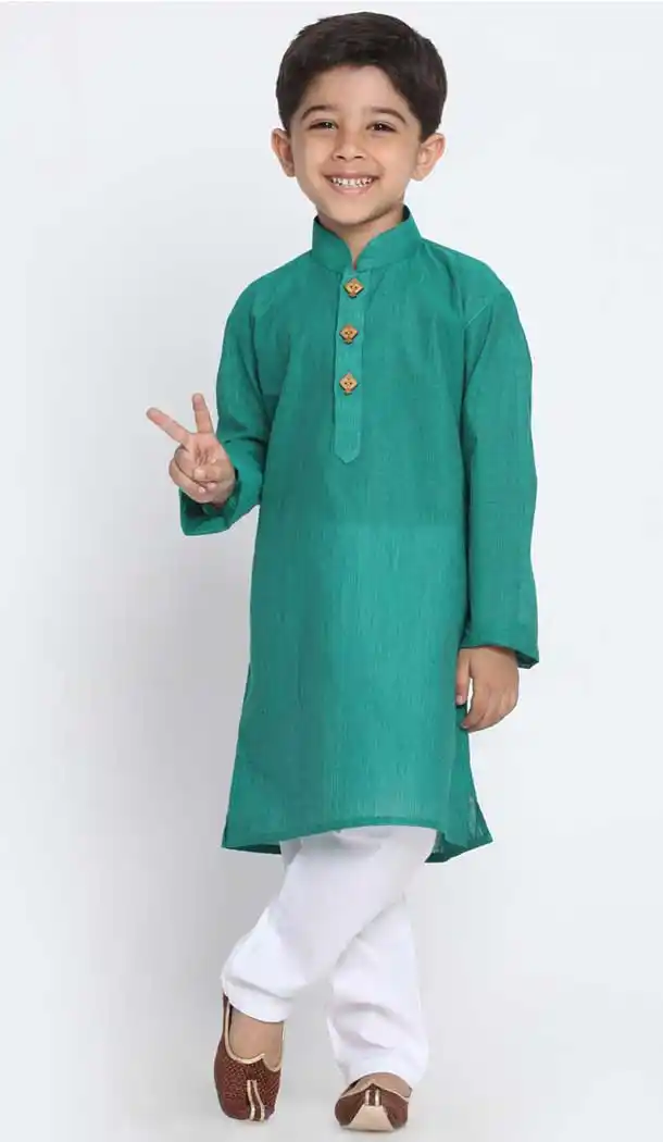 Green Color Cotton Kids Boy Wear Readymade Kurta Pajama -606122719