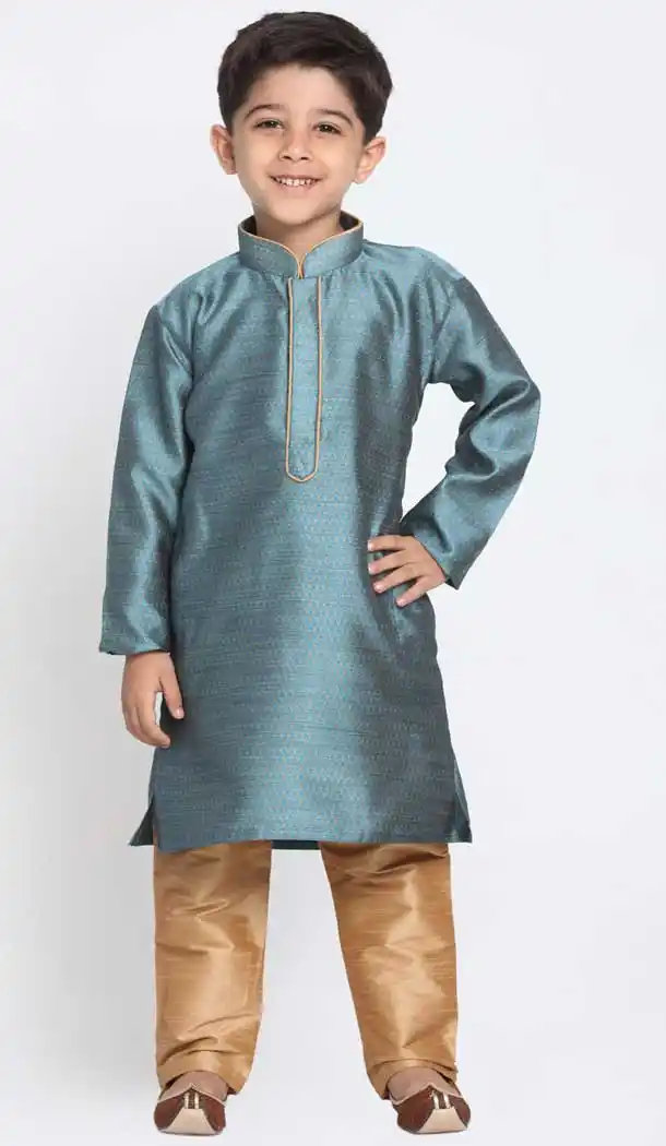 Blue Color Cotton Silk Blend Kids Boy Wear Readymade Kurta Pajama -606122725