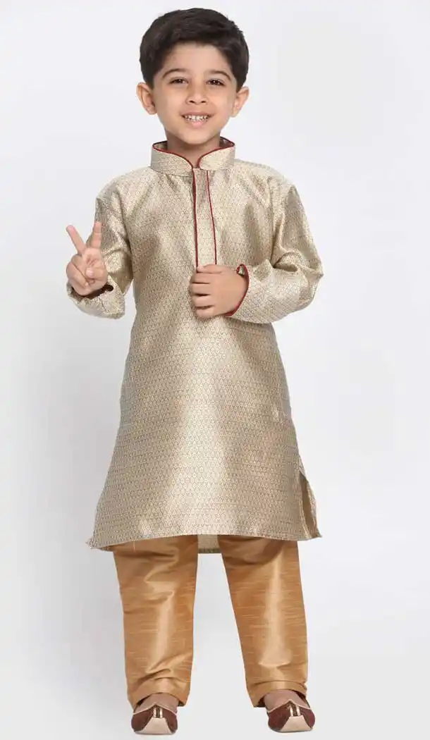Beige Color Cotton Silk Blend Kids Boy Wear Readymade Kurta Pajama -606122726