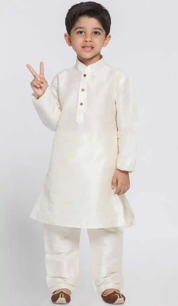Off White Color Cotton Silk Blend Kids Boy Wear Readymade Kurta Pajama -606122731