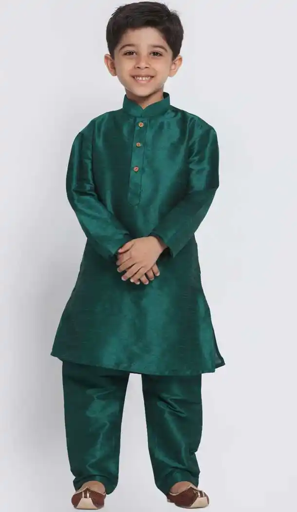 Green Color Cotton Silk Blend Kids Boy Wear Readymade Kurta Pajama -606122732