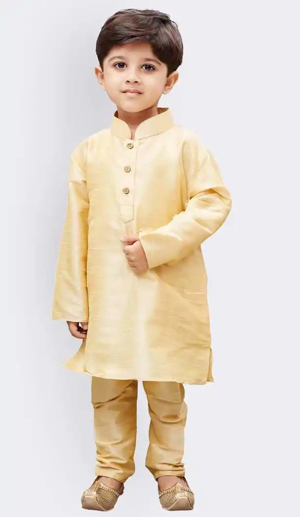 Gold Color Cotton Silk Blend Kids Boy Wear Readymade Kurta Pajama -606122733