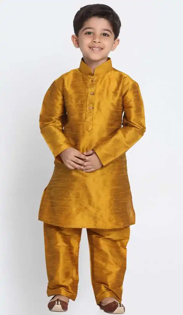 Yellow Color Cotton Silk Blend Kids Boy Wear Readymade Kurta Pajama -606122734