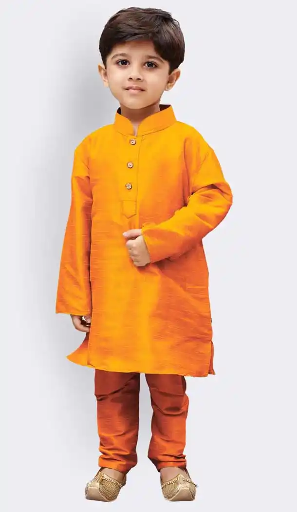 Orange Color Cotton Silk Blend Kids Boy Wear Readymade Kurta Pajama -606122736