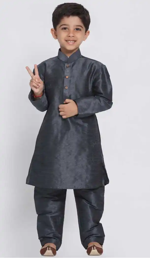 Grey Color Cotton Silk Blend Kids Boy Wear Readymade Kurta Pajama -606122737