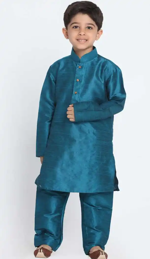 Blue Color Cotton Silk Blend Kids Boy Wear Readymade Kurta Pajama -606122738