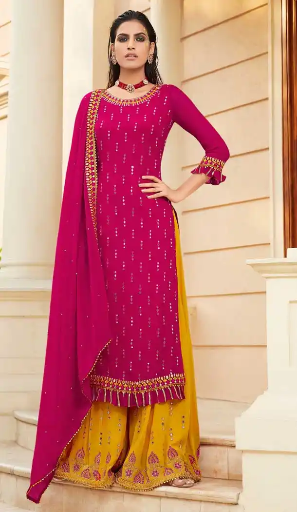 Pink Color Foux Georgette Heavy Embroidered Pakitani Palazzo Salwar Suit -610122770