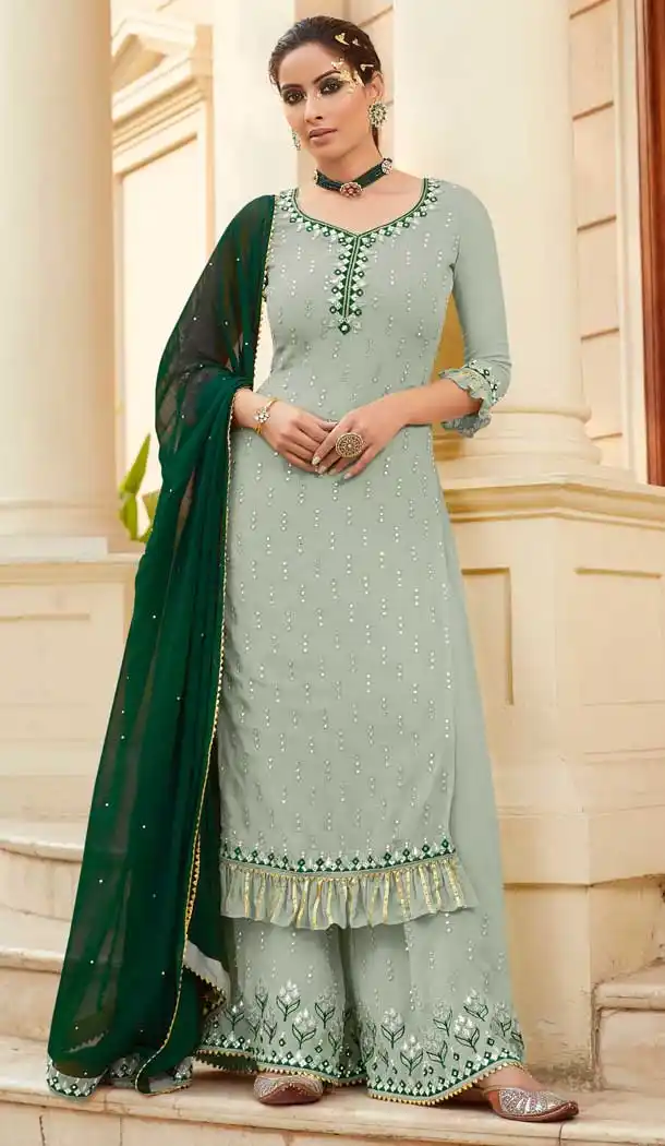 Grey Color Foux Georgette Heavy Embroidered Pakitani Palazzo Salwar Suit -610122771