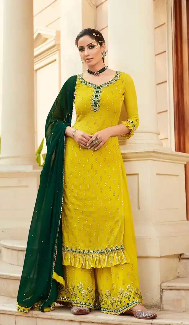 Yellow Color Foux Georgette Heavy Embroidered Pakitani Palazzo Salwar Suit -610122772