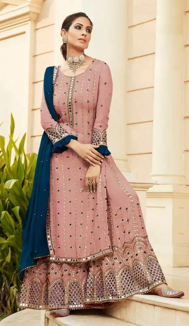 Light Peach Color Foux Georgette Heavy Embroidered Pakitani Palazzo Salwar Suit -610122773