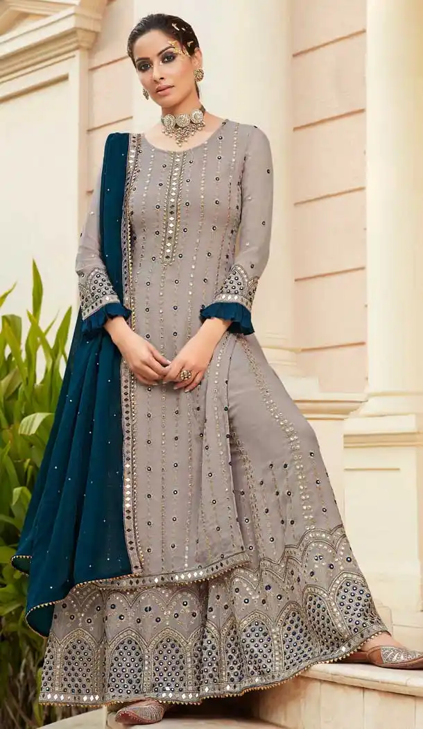 Grey Color Foux Georgette Heavy Embroidered Pakitani Palazzo Salwar Suit -610122774