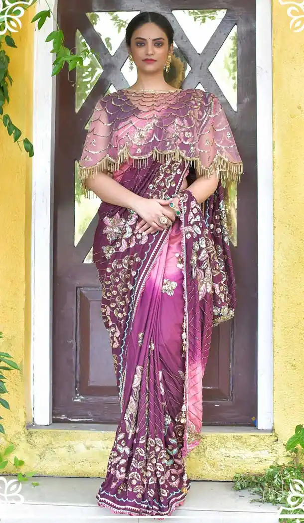 Wine Color Dola Silk Heavy Embroidered Designer Wedding Saree -615122807