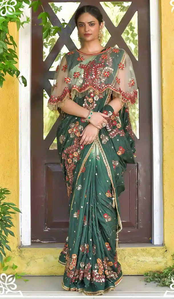 Green Color Dola Silk Heavy Embroidered Designer Wedding Saree -615122808