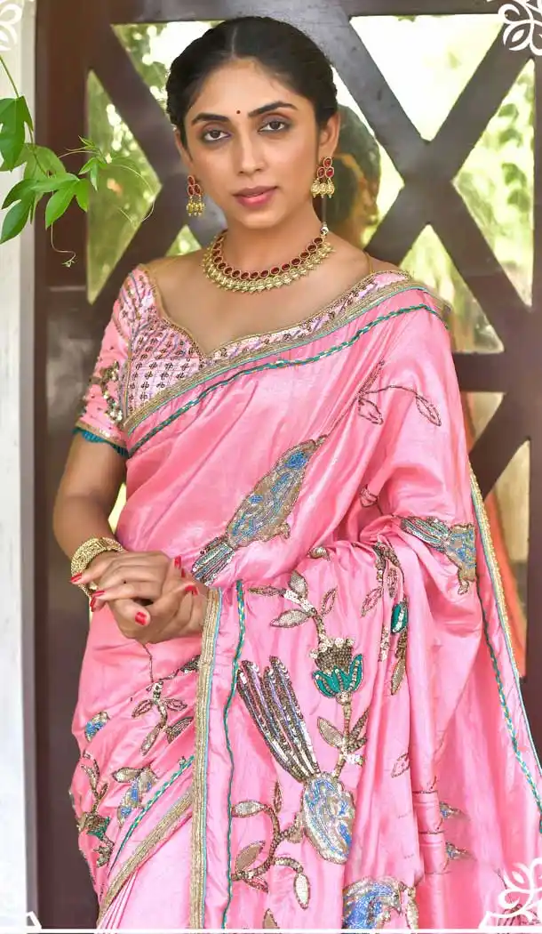 Baby Pink Color Dola Silk Heavy Embroidered Designer Wedding Saree -615122810