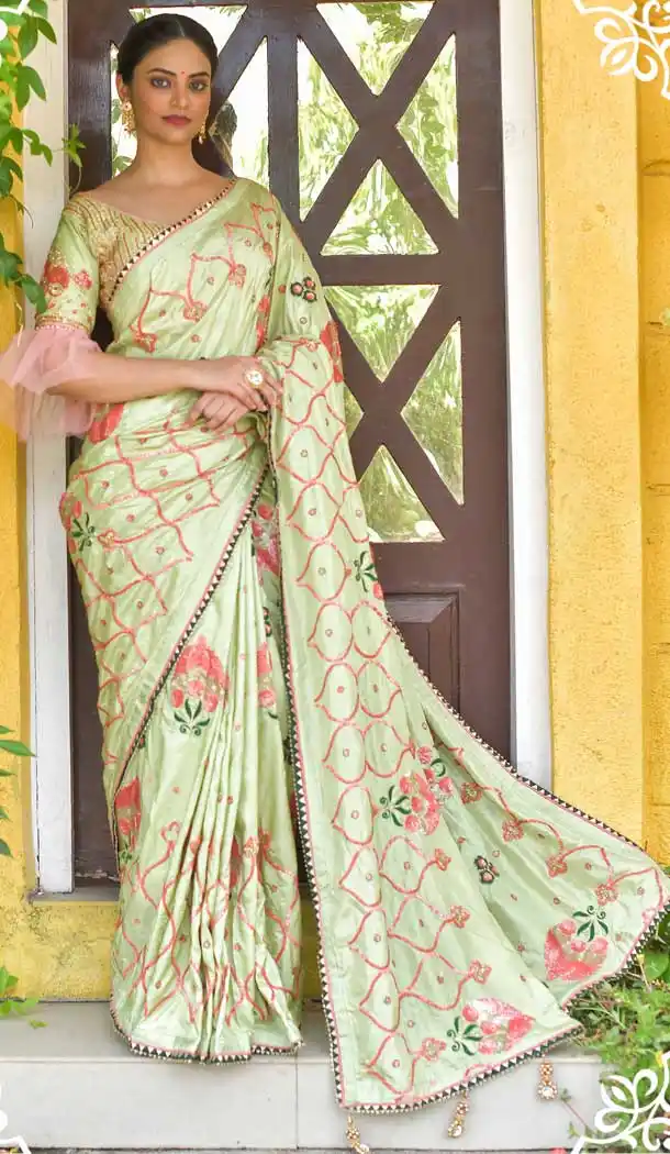 Pista Color Caracal Silk Heavy Embroidered Designer Wedding Saree -615122812