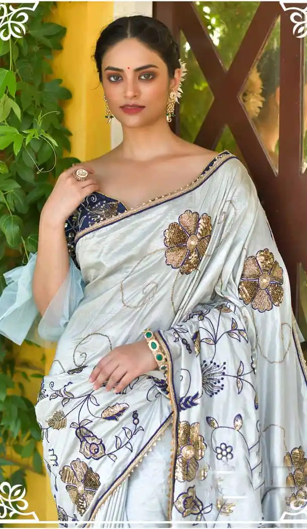 Grey Color Caracal Silk Heavy Embroidered Designer Wedding Saree -615122814