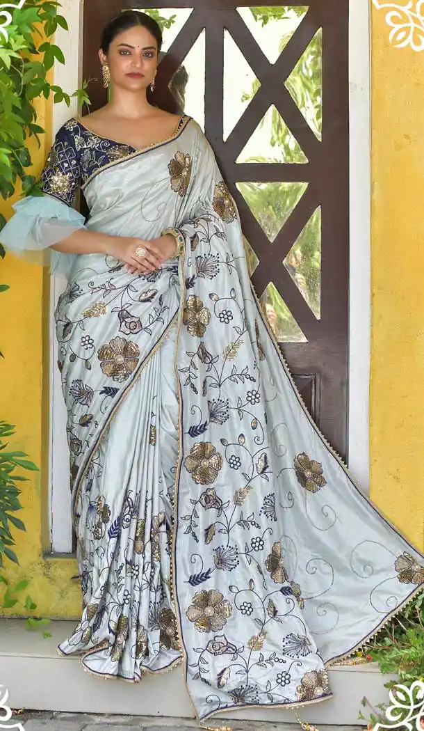Grey Color Caracal Silk Heavy Embroidered Designer Wedding Saree -615122814