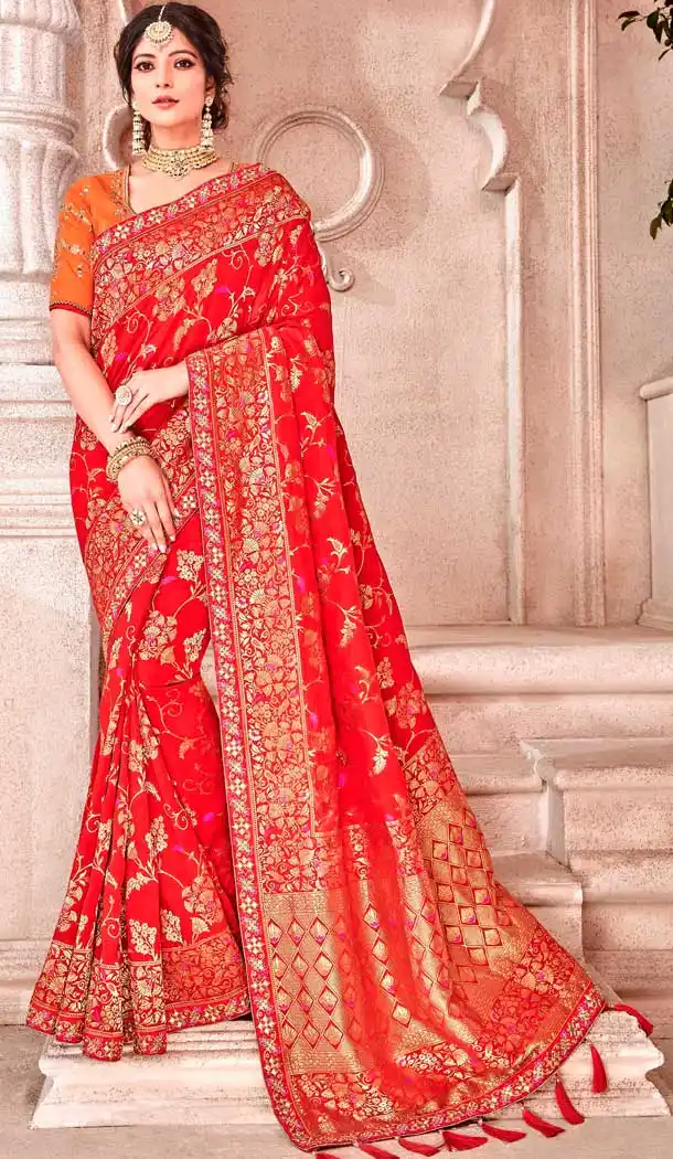 Red Color Silk Heavy Designer Bridal Wedding Wear Saree Blouse -621122882