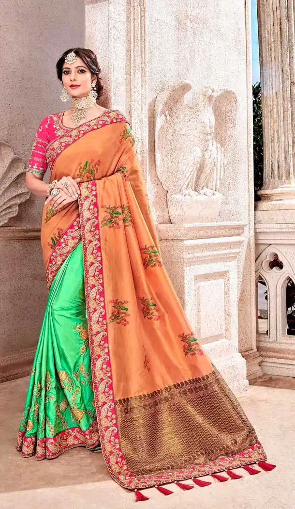Ethnic Multi Color Silk Heavy Designer Bridal Wedding Wear Saree Blouse -621122884