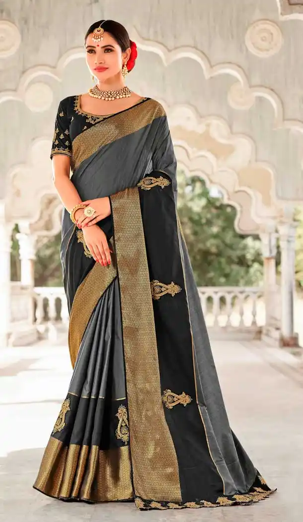 Grey Color Silk Heavy Designer Bridal Wedding Wear Saree Blouse -621122885