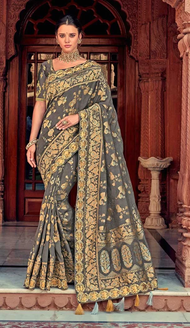 Vivacious Grey Color Silk Heavy Designer Bridal Wedding Wear Saree Blouse -621122886