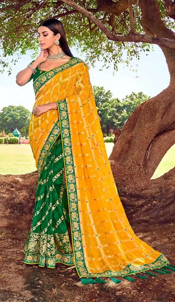 Yellow Green Color Silk Heavy Designer Bridal Wedding Wear Saree Blouse -621122887