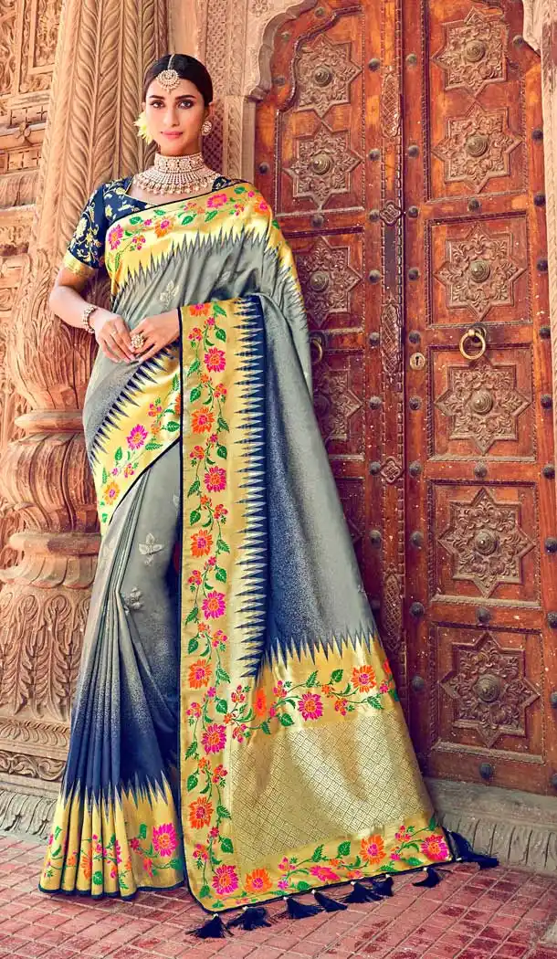 Pretty Grey Color Silk Heavy Designer Bridal Wedding Wear Saree Blouse -621122890