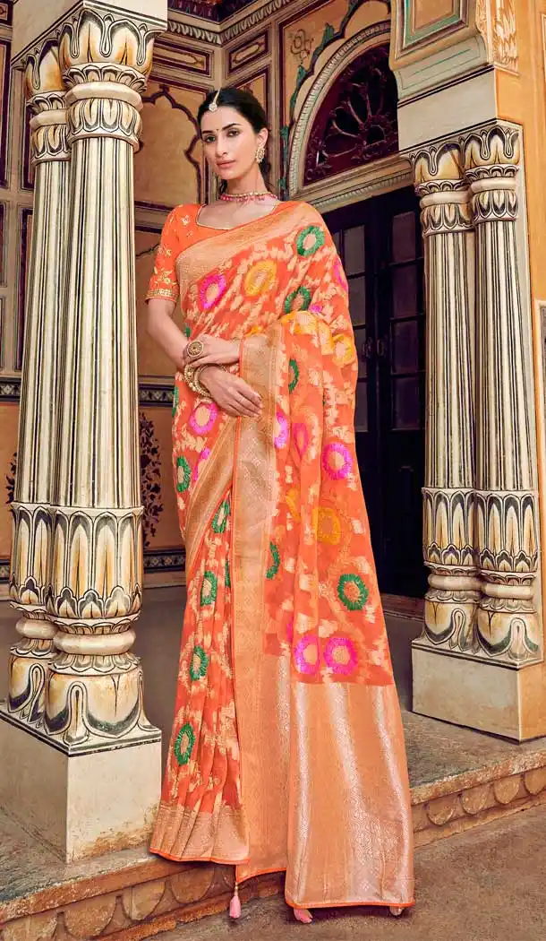 Peach Color Silk Heavy Designer Bridal Wedding Wear Saree Blouse -621122893